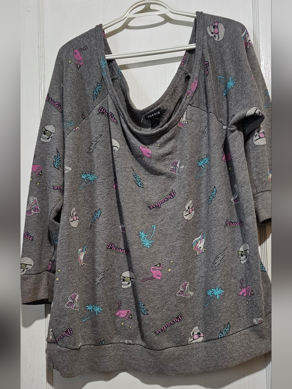 torrid Gray 80s Graphic Terry Cloth Off The Shoulder Shirt